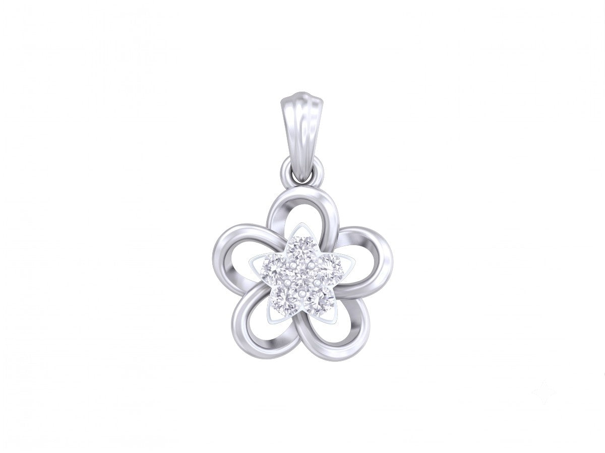 white gold flower-shaped pendant with a diamond on a white background