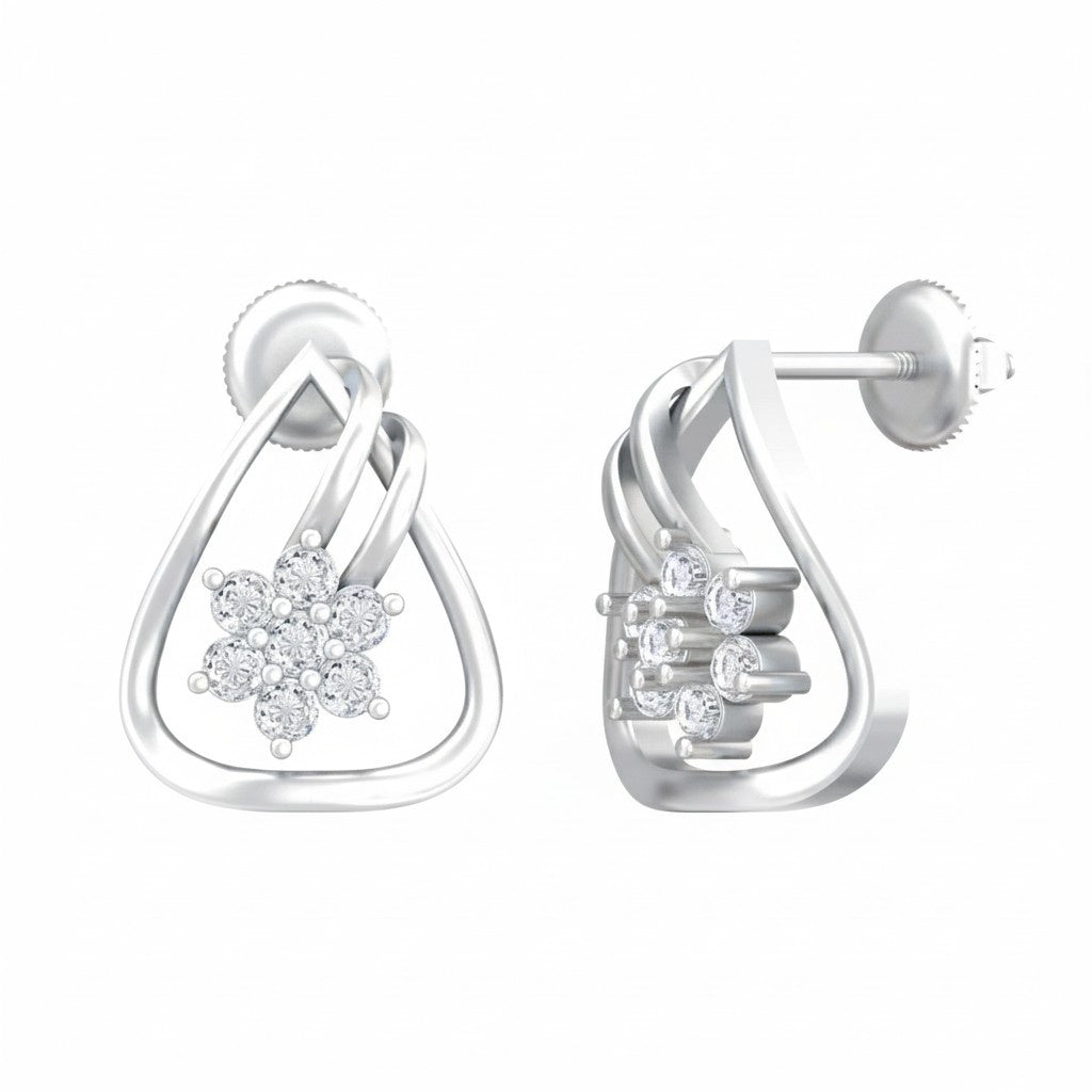 Pair of white earrings with floral and geometric designs on a white background.