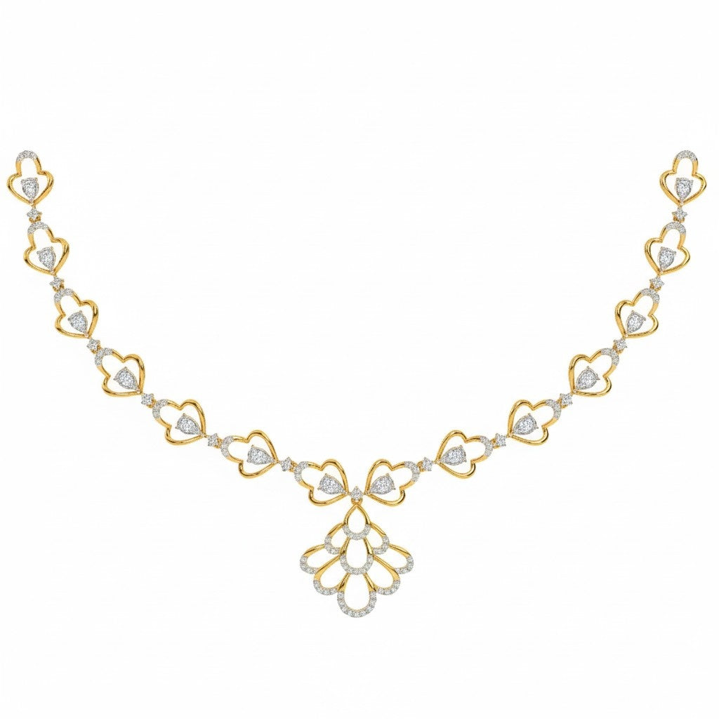A yellow gold and diamond necklace, featuring a floral design on a plain white background.