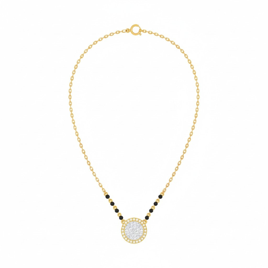yellow gold and diamond mangalsutra with black and white beads on a white background
