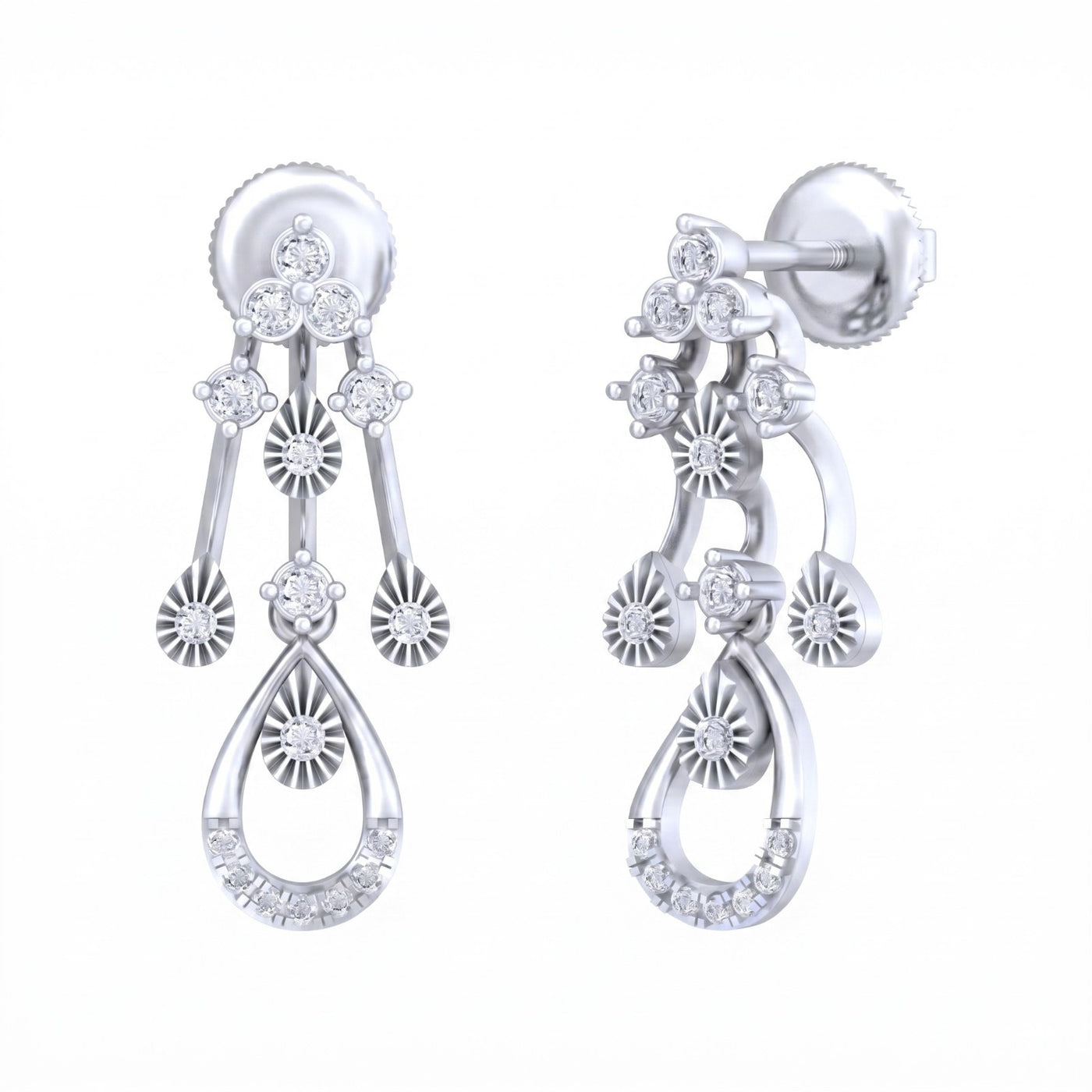 Pair of white gold and diamond dangler earrings on a white background