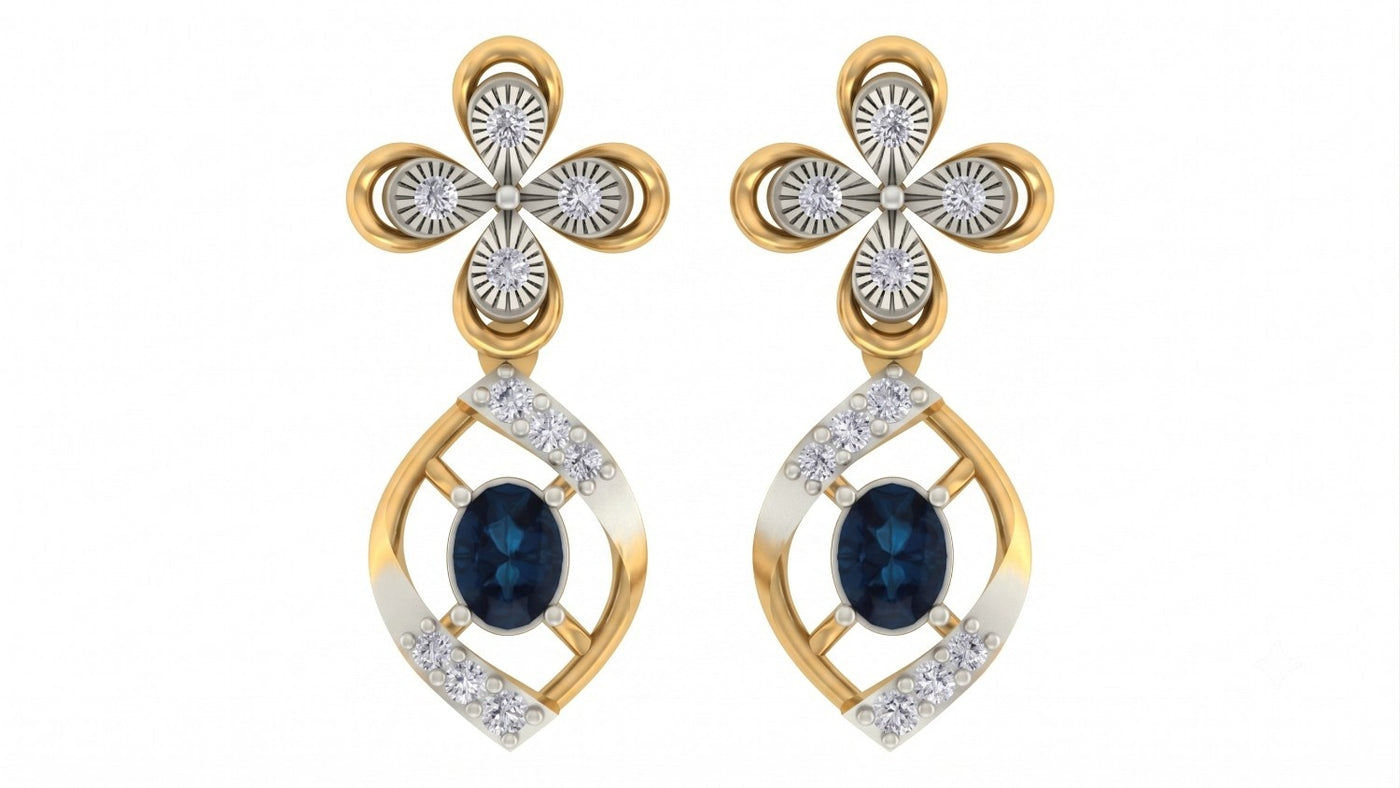 Yellow gold and diamond drop earrings with sapphire gemstones on a white background