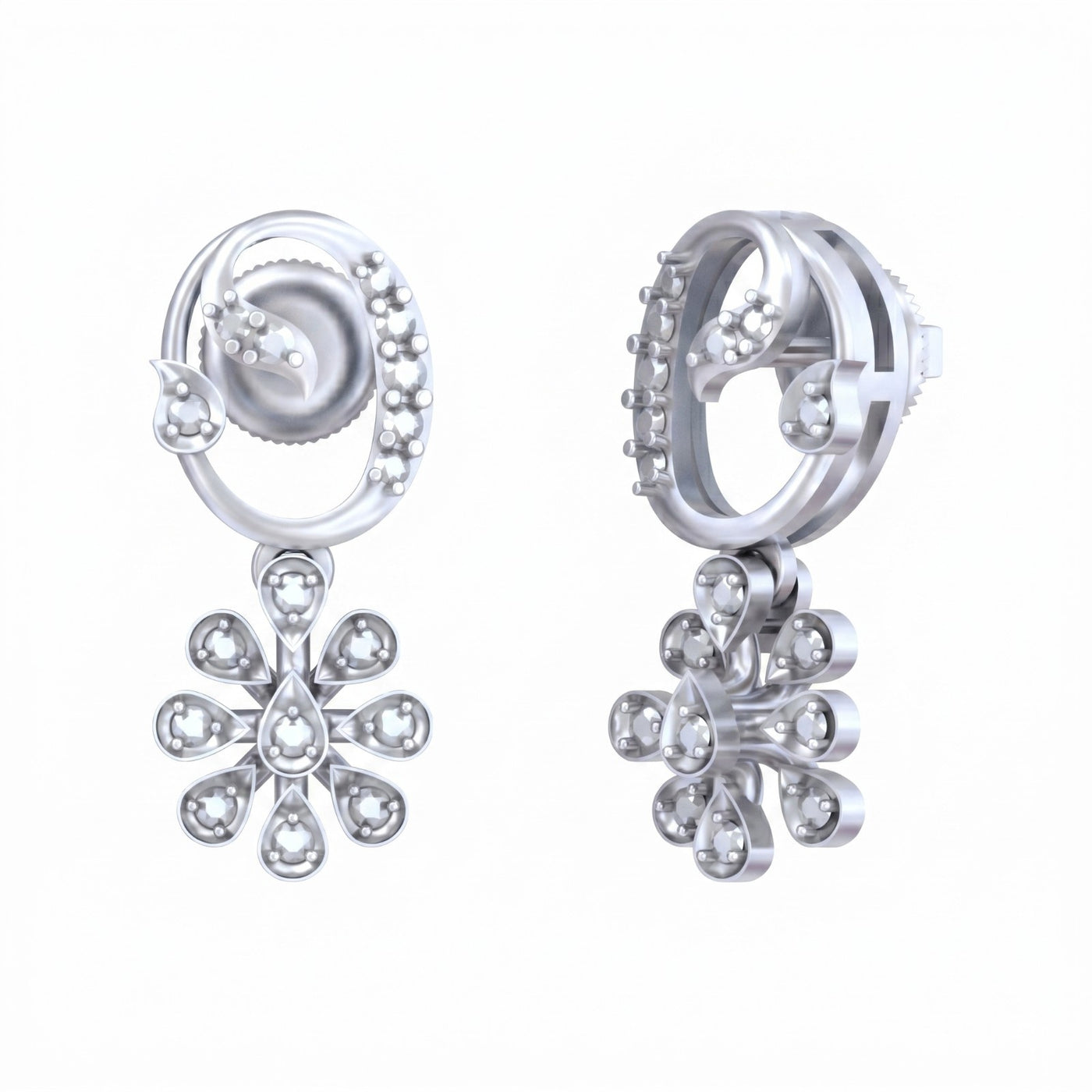 White gold and diamond drop earrings with floral designs on a white background