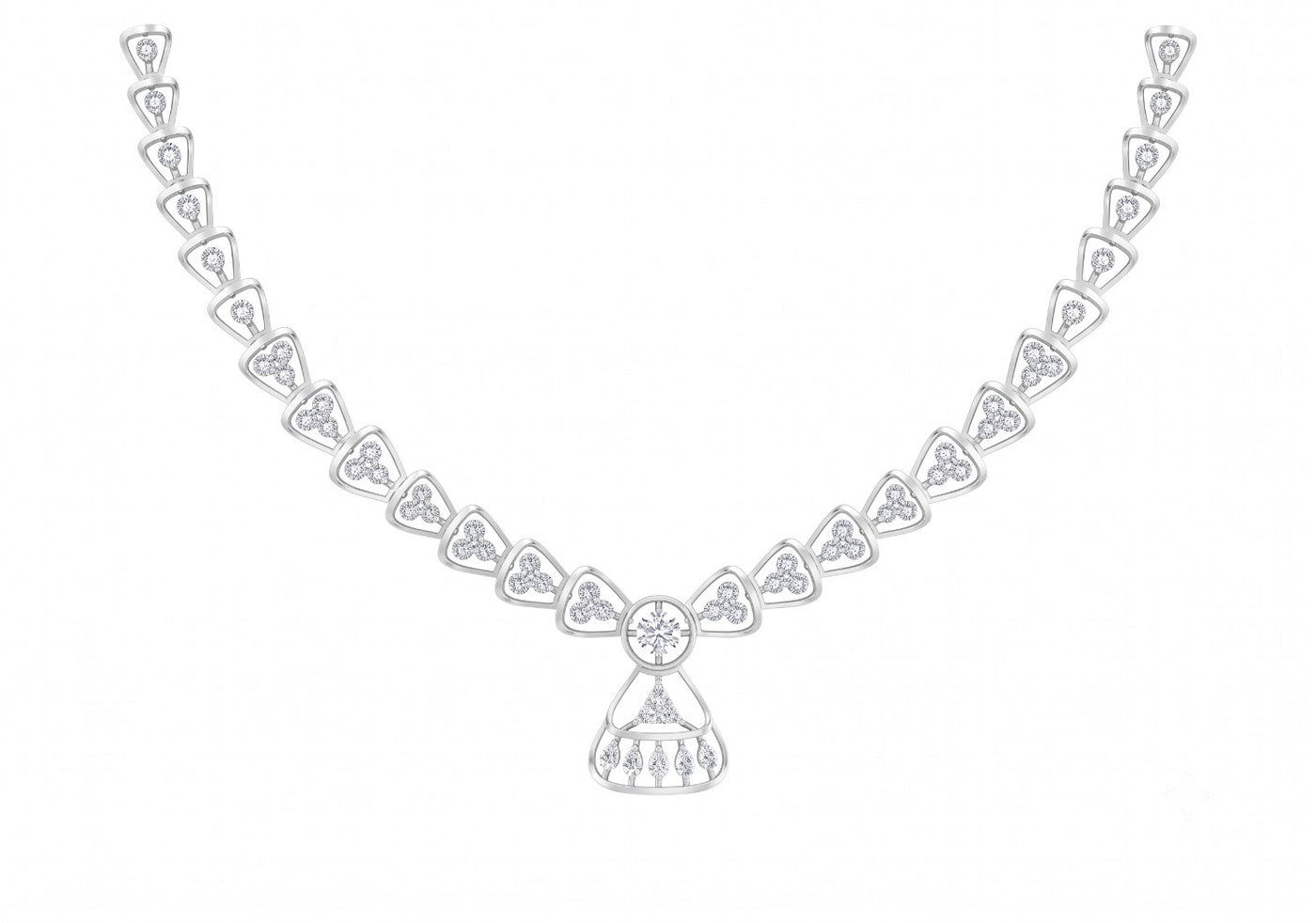 A white gold and diamond necklace set, shown on a plain white background.