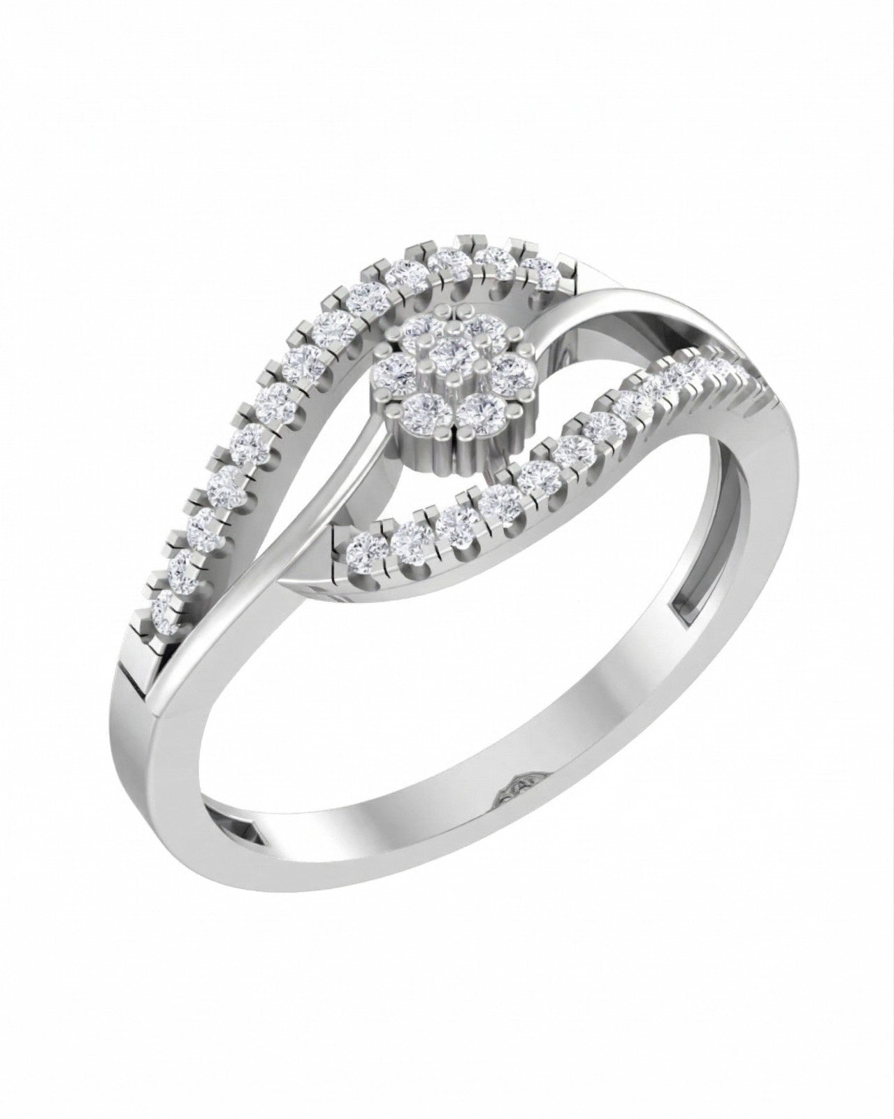 White gold ring with diamond accents on a white background