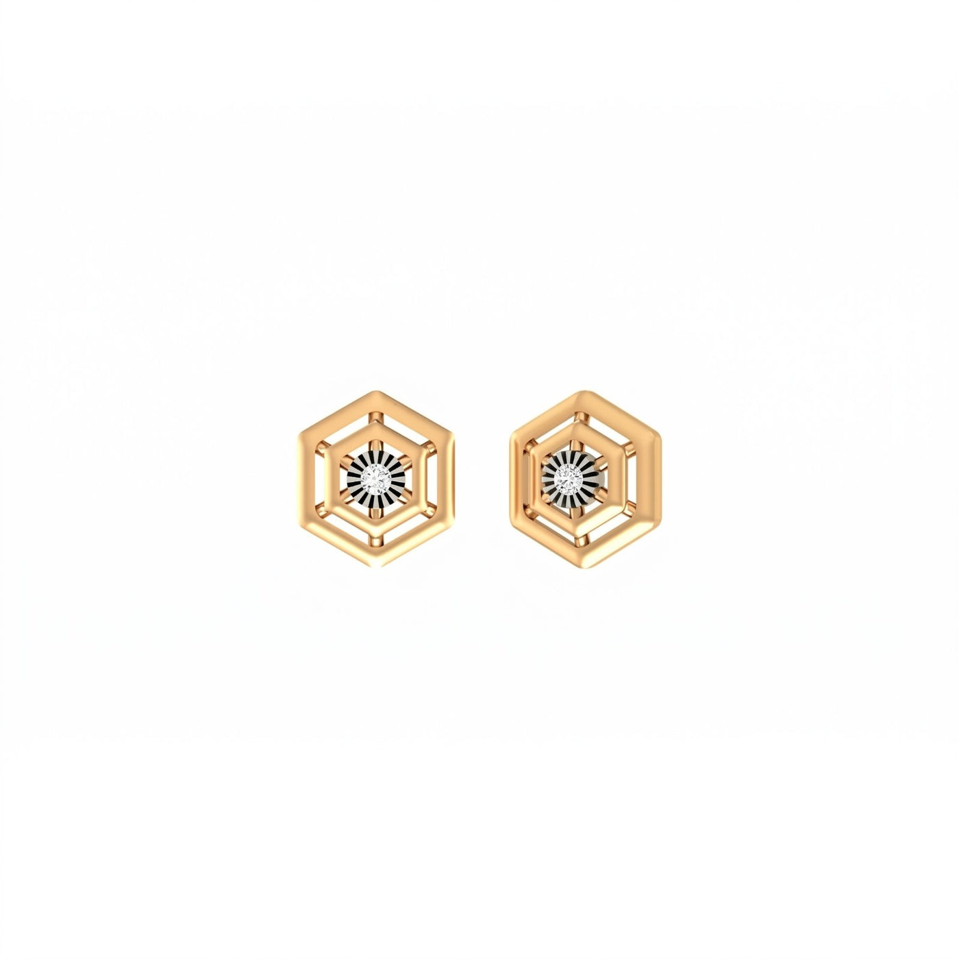Yellow gold and diamond Hexagon stud earring on a white background.