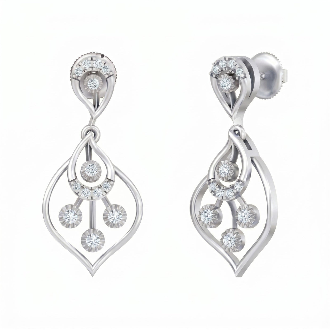 White gold and diamond drop earring on a white background.