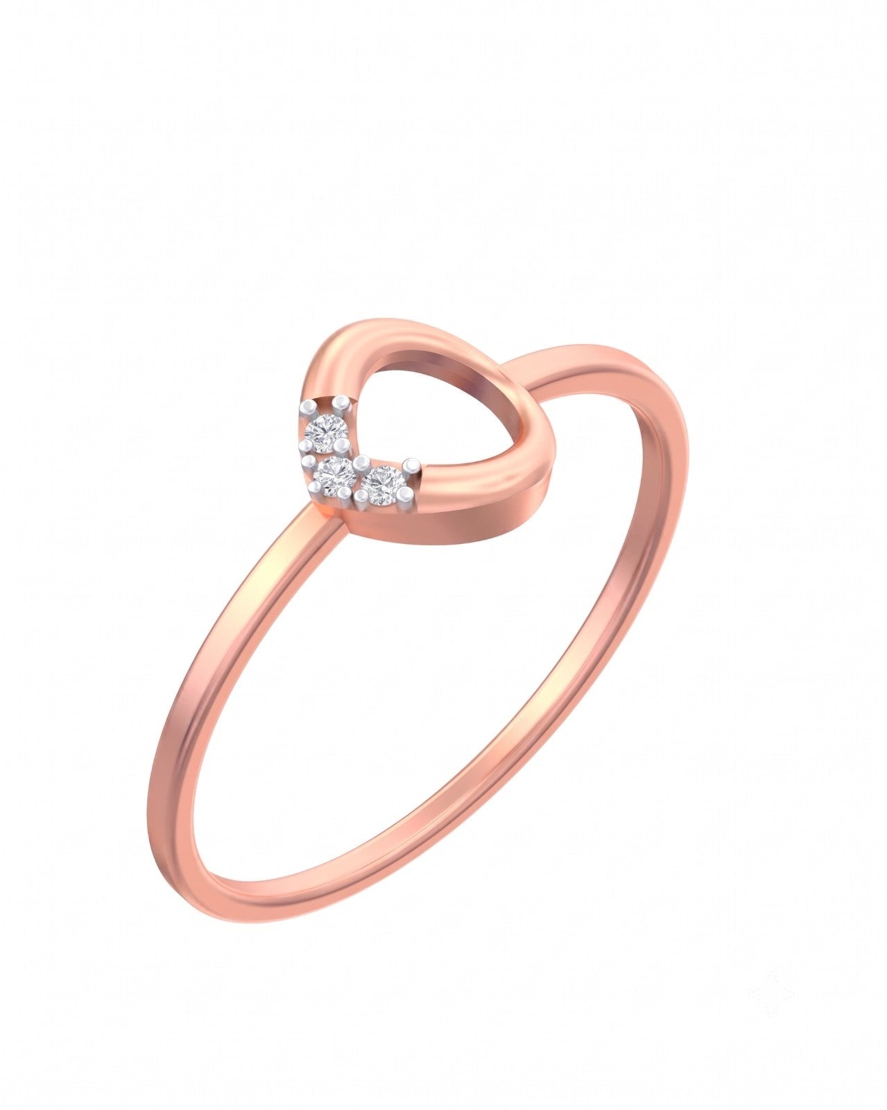 Rose gold ring with a heart-shaped diamond design on a white background