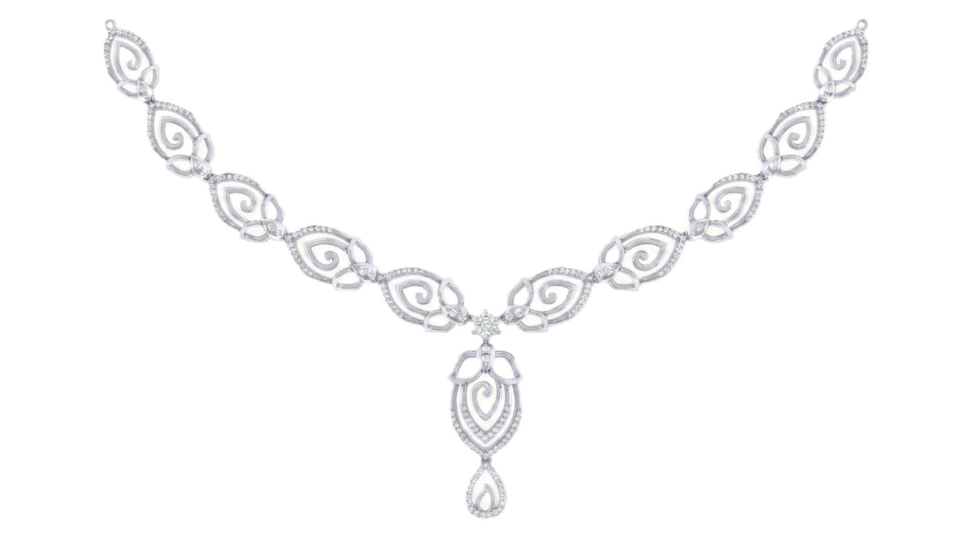White gold necklace with teardrop-shaped on a white background