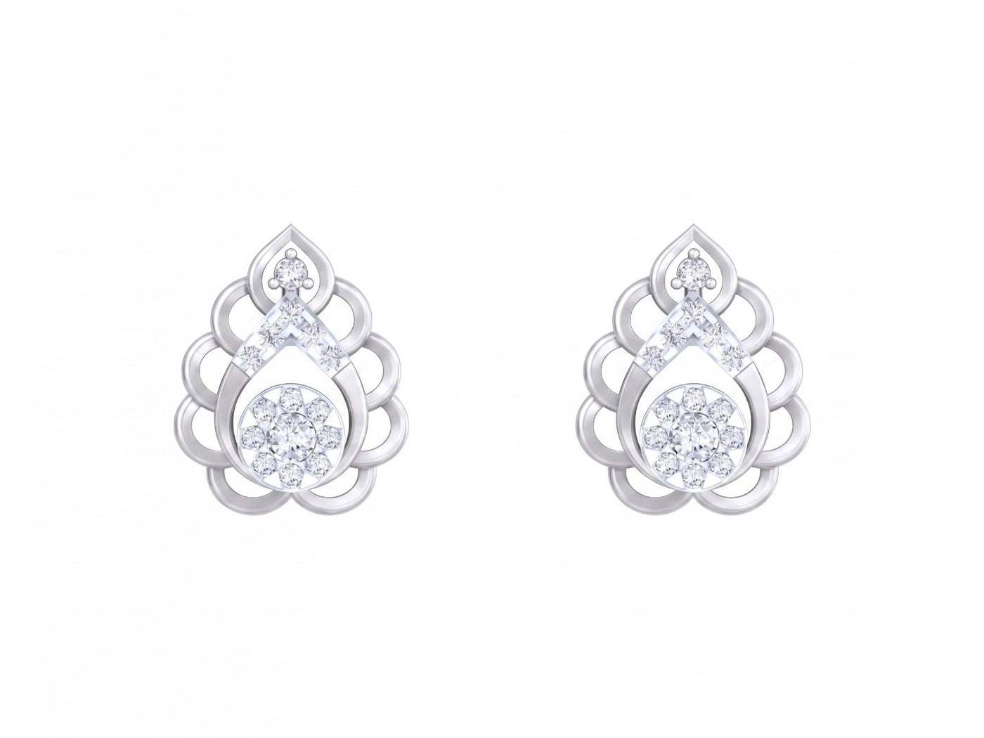 White gold and diamond stud earring with teardrop-design on a white background.