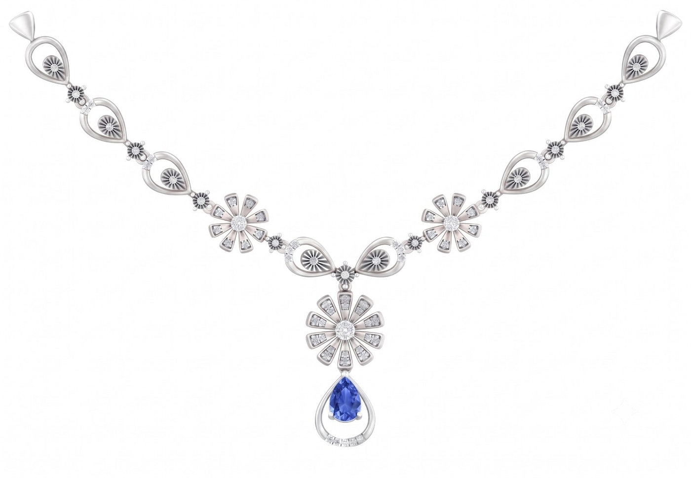 White gold and diamond necklace with a teardrop-shaped blue sapphire gemstone, shown on a plain white background.