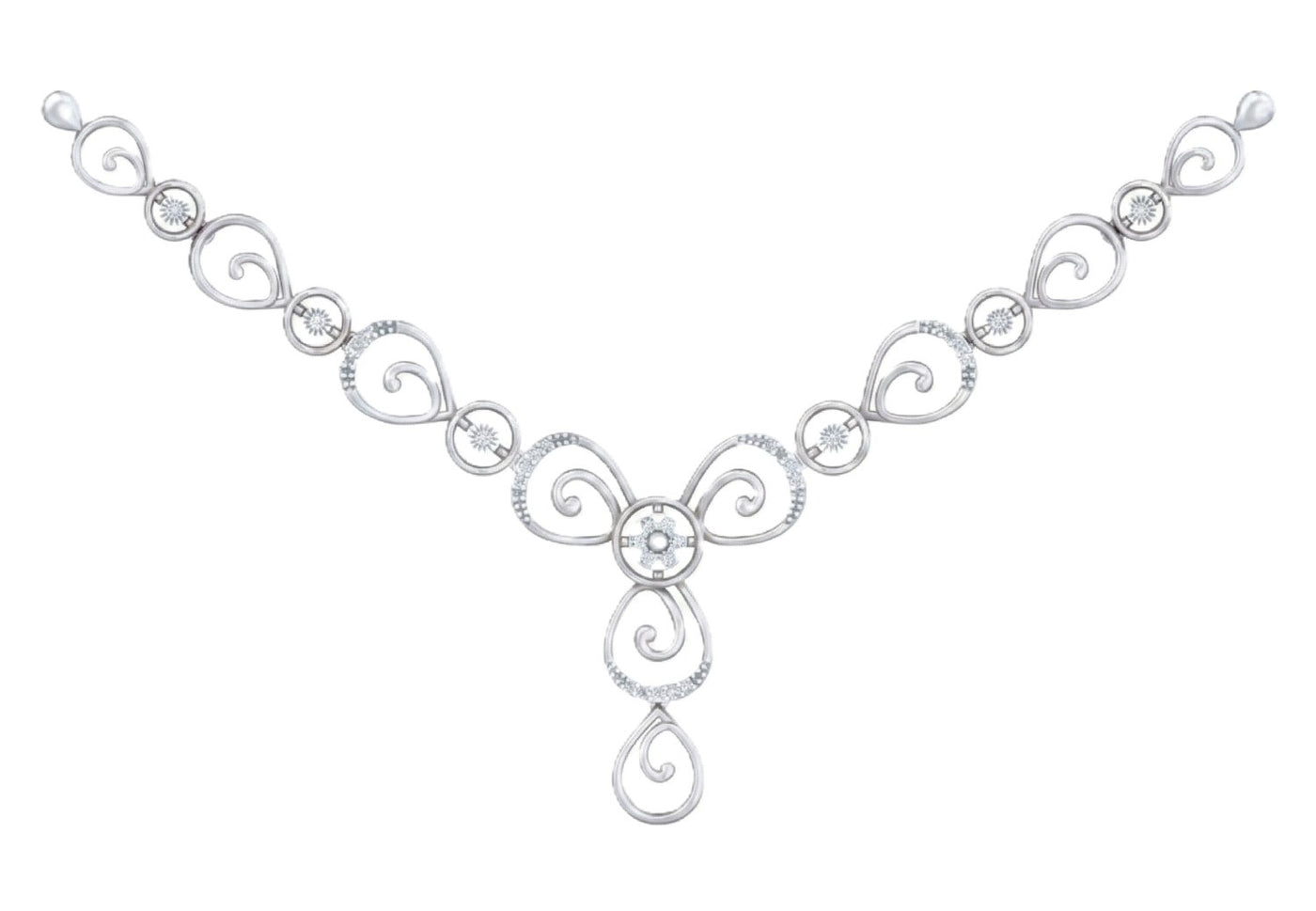 White gold and diamond necklace with intricate designs on a white background