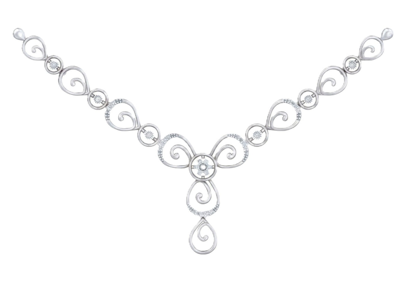 White gold and diamond necklace set on a white background.