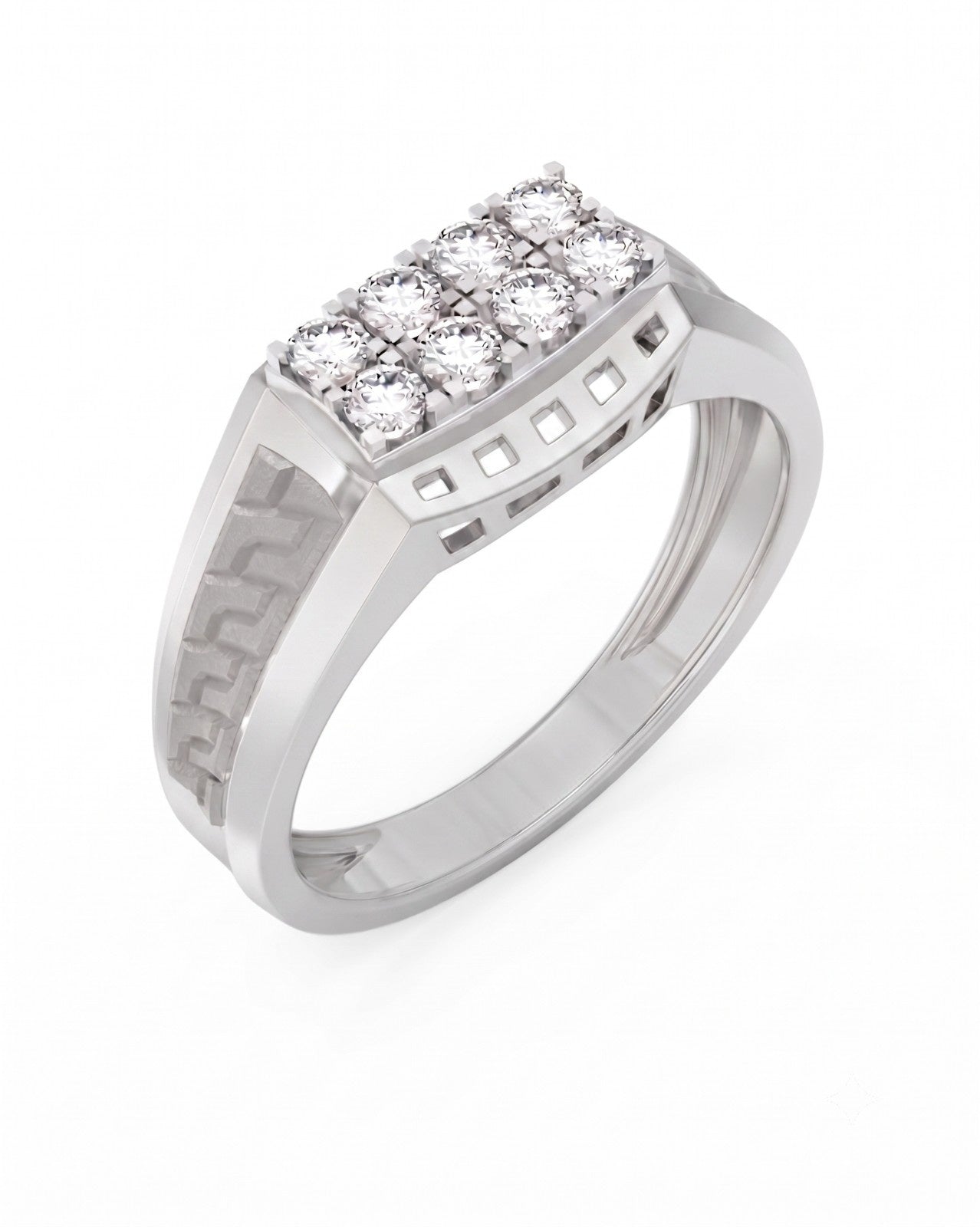 A white and diamond men's ring featuring a rectangular top set, shown on a white background.