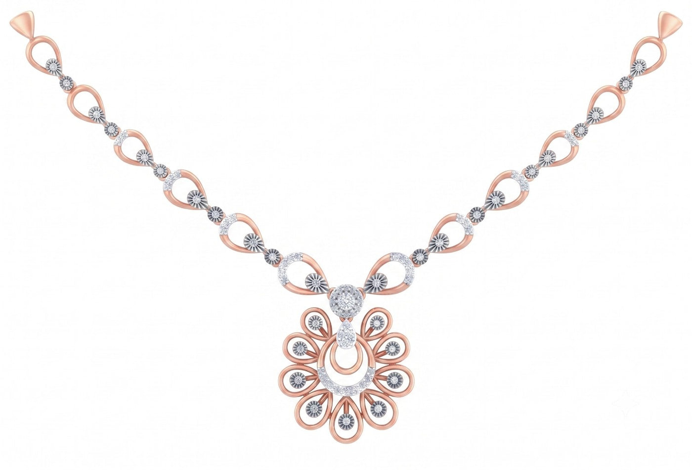A rose gold and diamond necklace featuring a central floral, set against a plain white background.