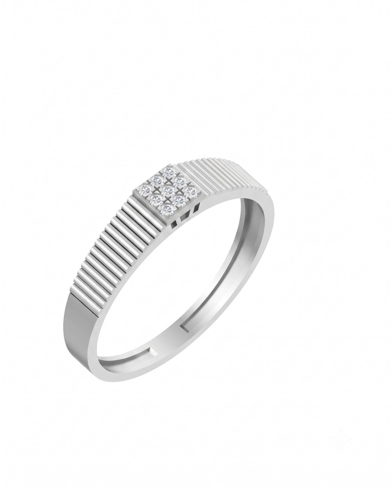 A white gold ring with a textured,  and a square cluster, shown against a plain white background.