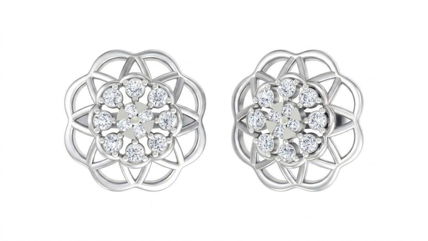 White gold and diamond stud earring with floral-design on a white background.