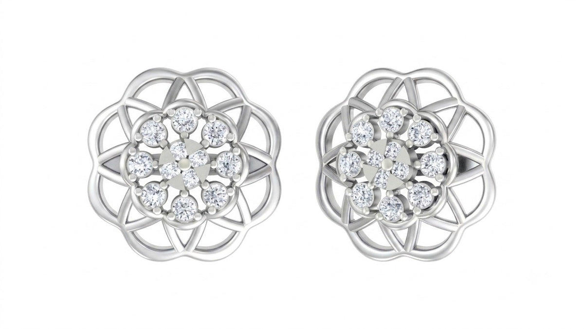 White gold and diamond stud earring with floral-design on a white background.