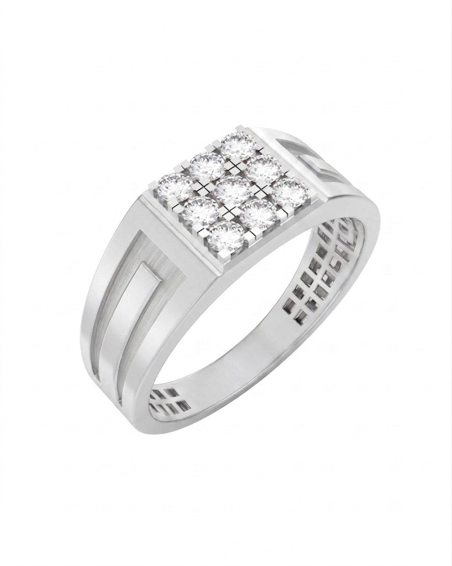 A  white gold and diamond ring featuring a square cluster, set against a plain white background.