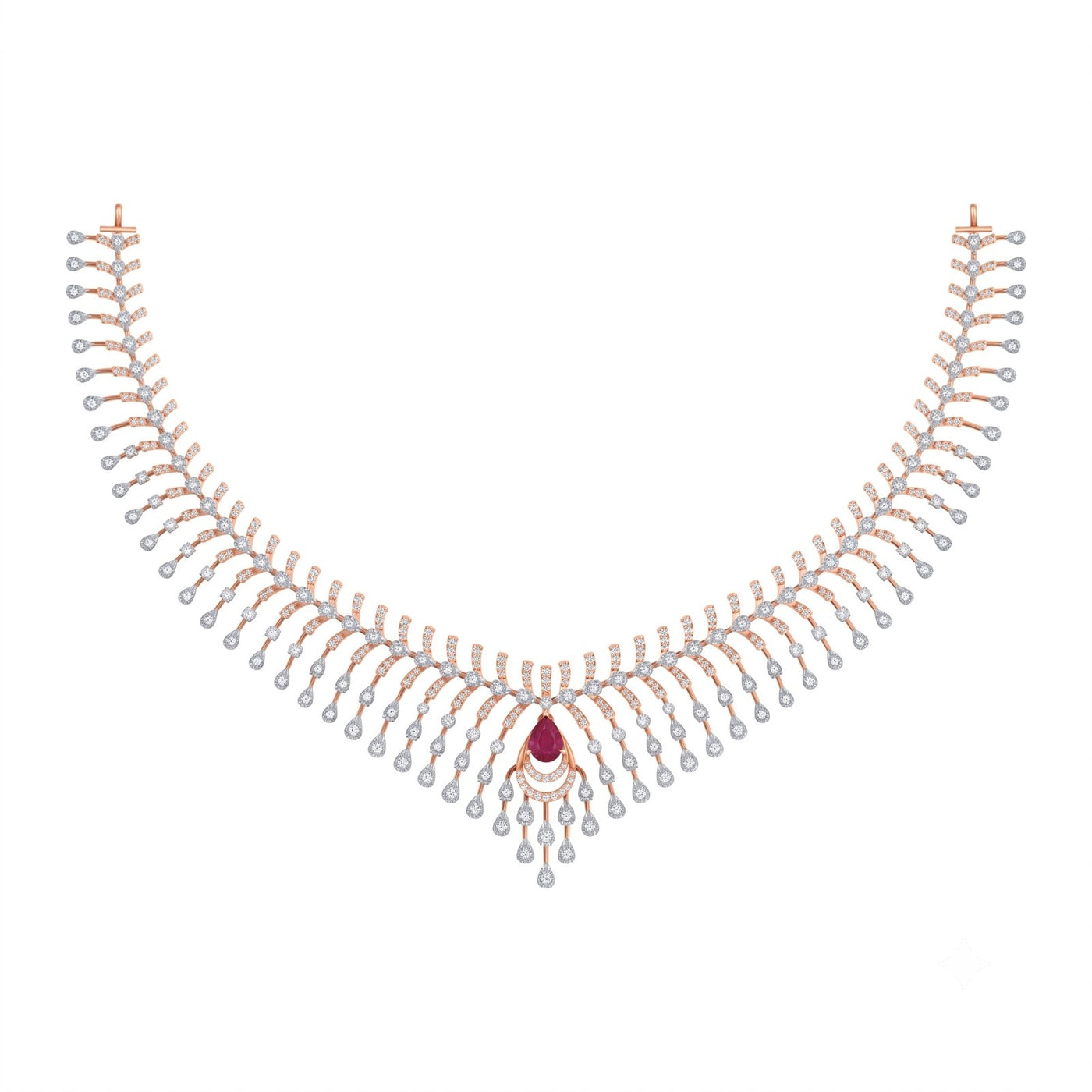 A rose gold and diamond necklace featuring a central teardrop-shaped ruby gemstone on a plain white background.
