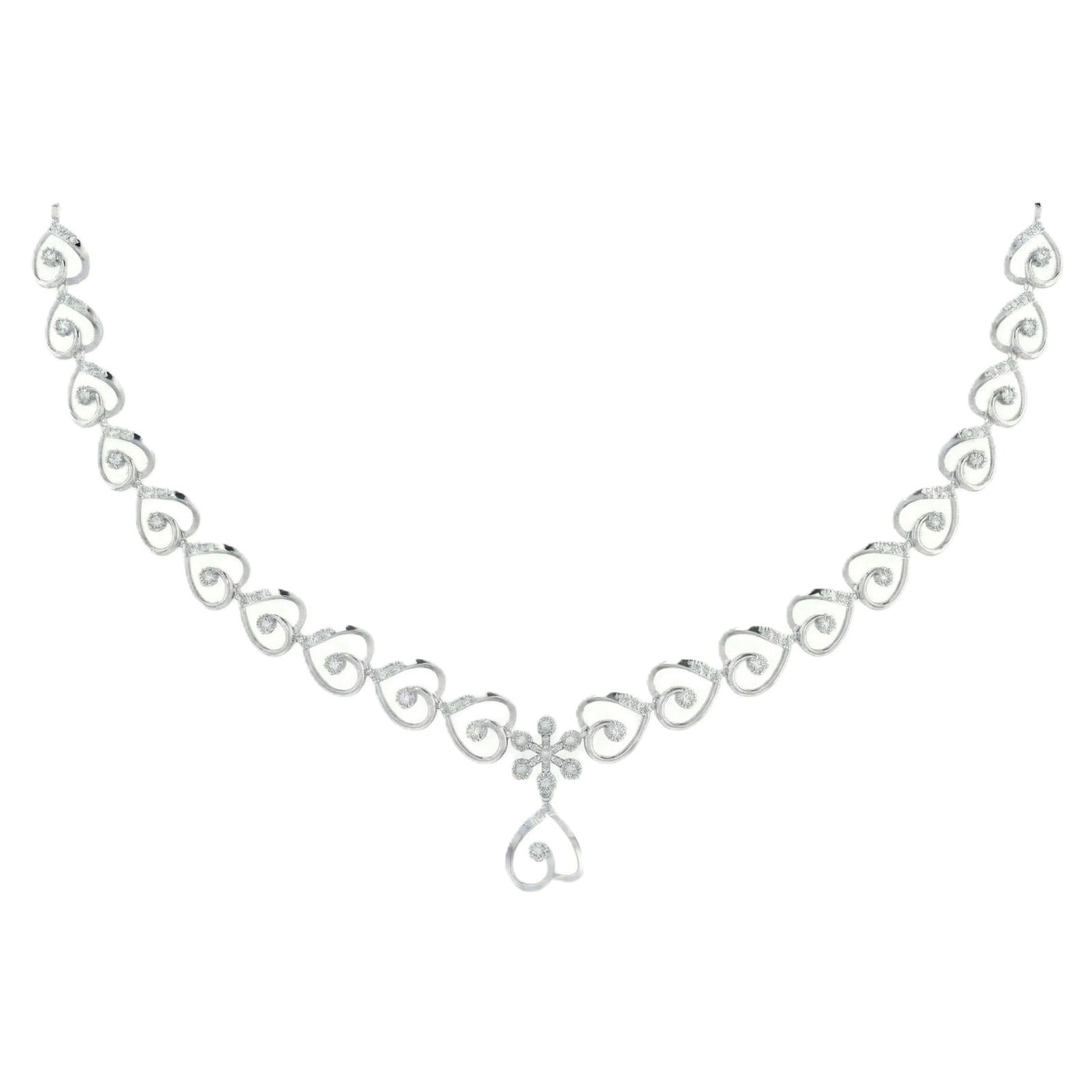 White gold necklace with heart-shaped links on a white background
