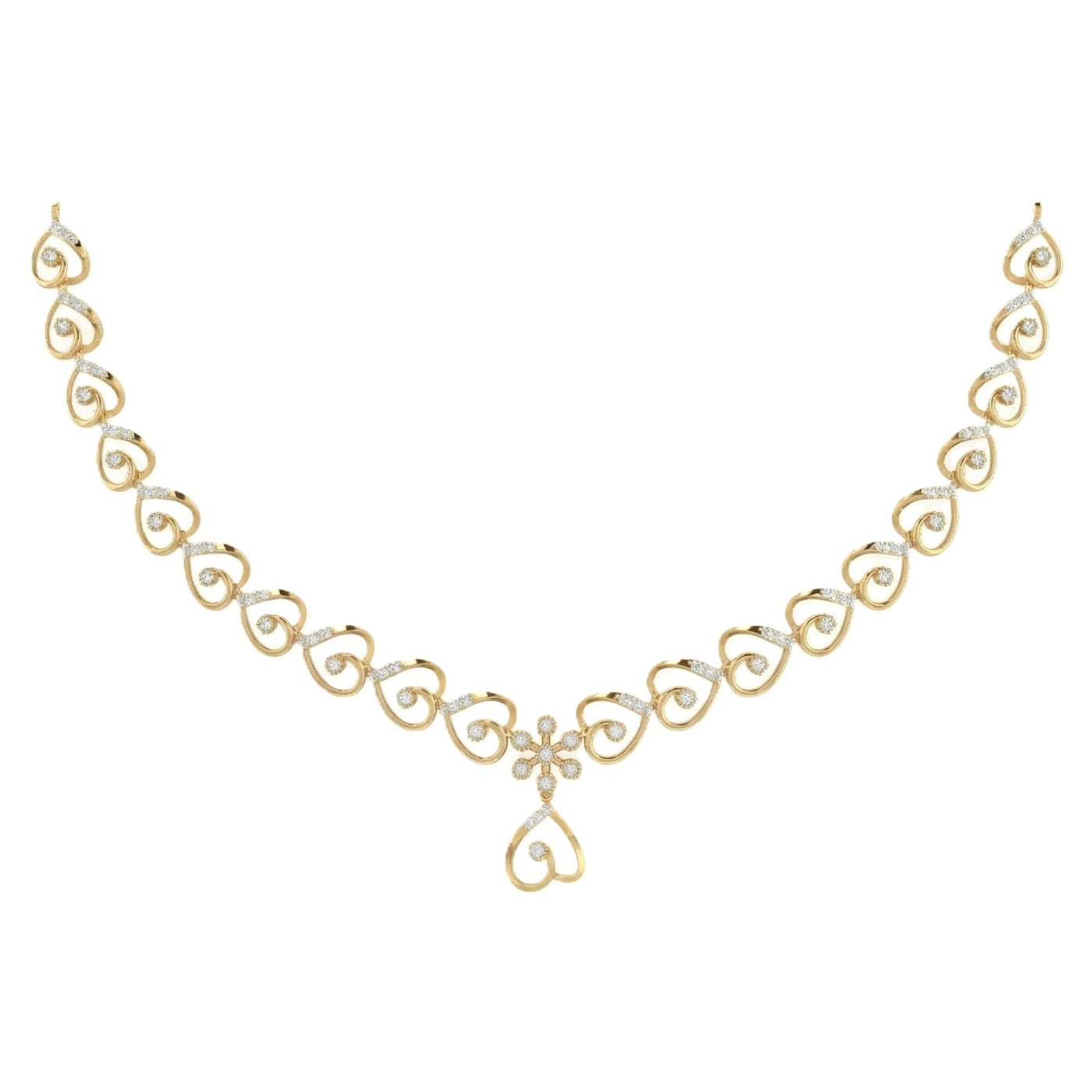 Yellow gold necklace with heart-shaped links on a white background