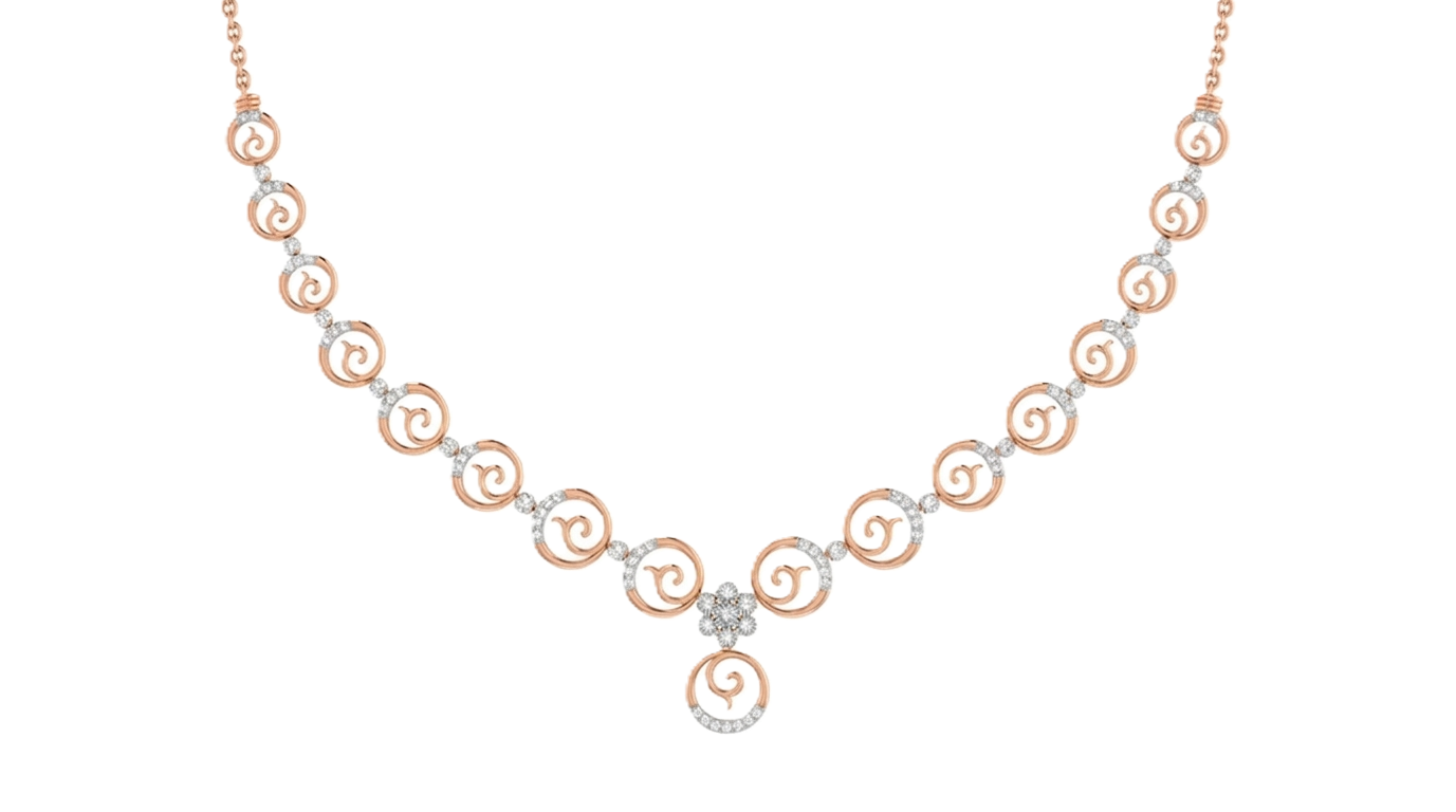 Rose gold necklace with spiral design on a white background