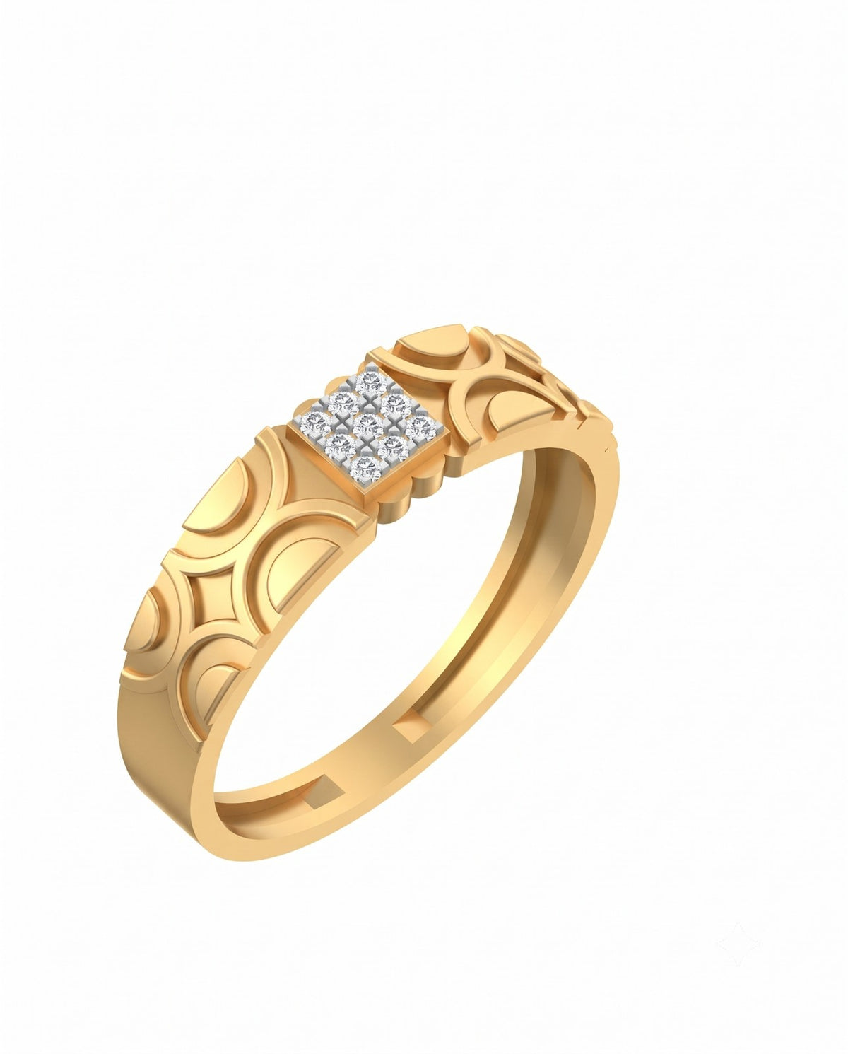 A yellow gold ring with an intricate pattern and square cluster at the center, shown on a plain white background.