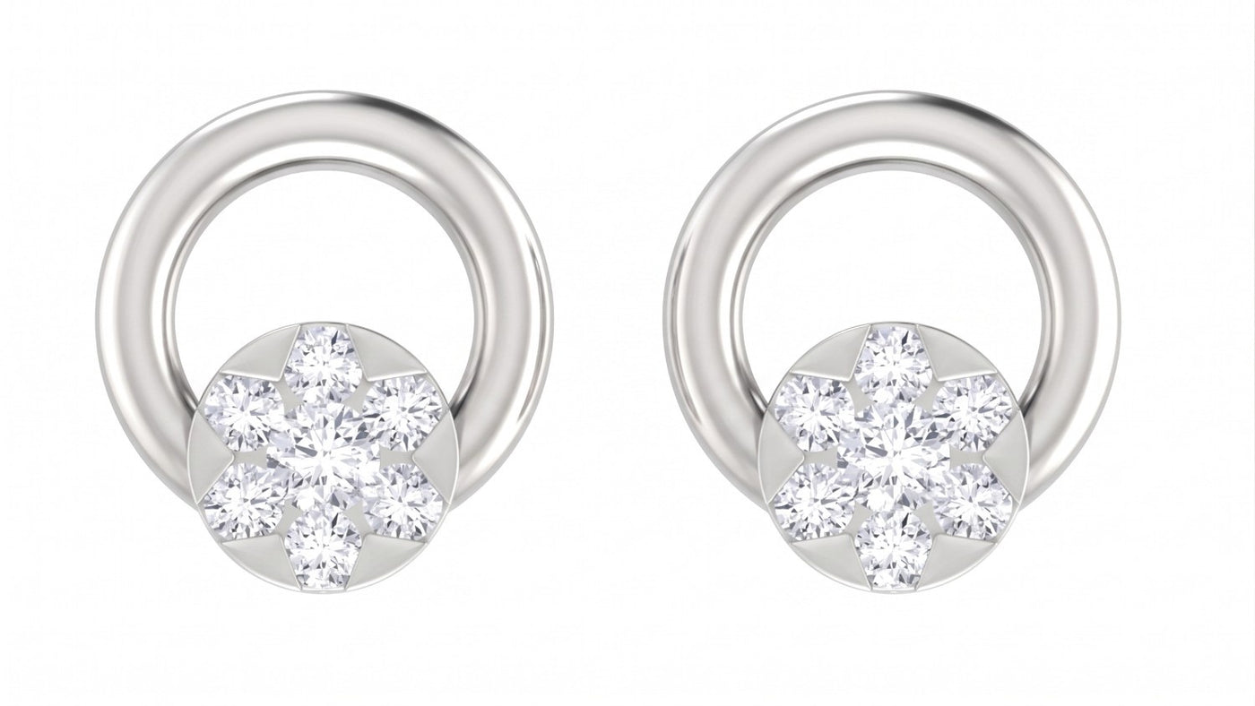 White gold and diamond stud earring with round-shaped on a white background.