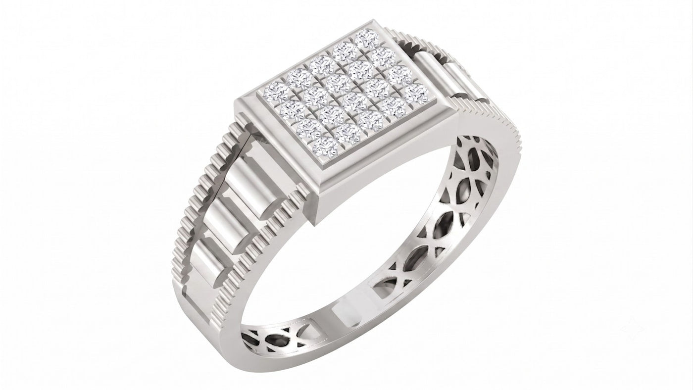 A white gold ring featuring a rectangular pavé diamond setting, shown on a plain white background.