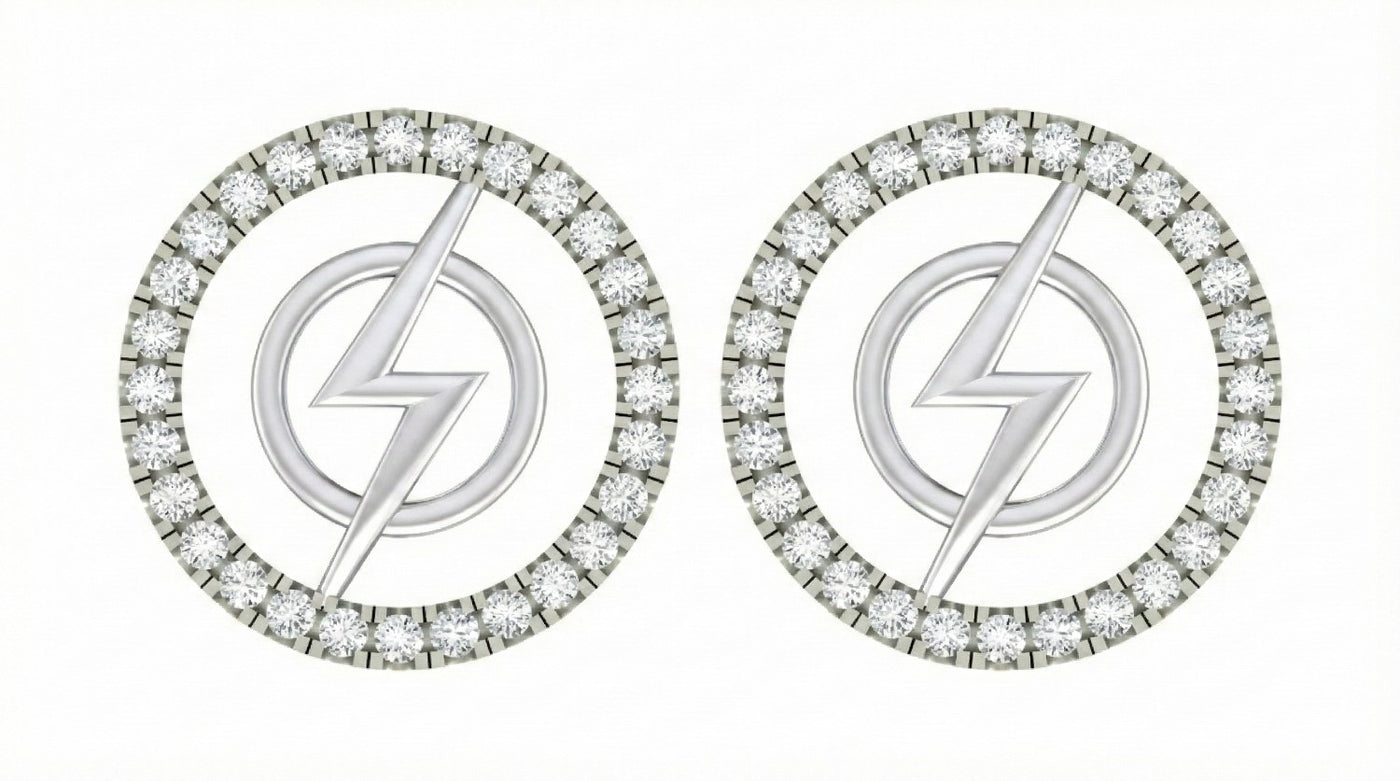Pair of white gold earrings round-shaped with diamond-studded circular frames on a white background.