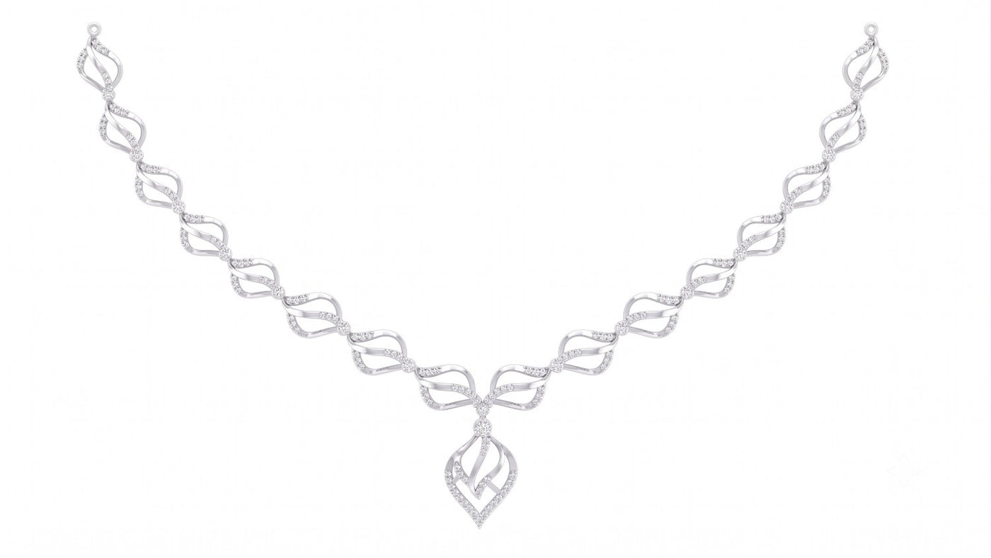 A white gold and diamond necklace featuring teardrop design, displayed on a solid white background.
