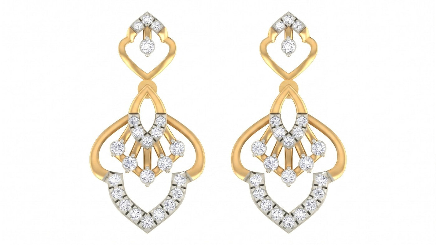 Yellow gold and diamond earrings with diamond accents on a white background