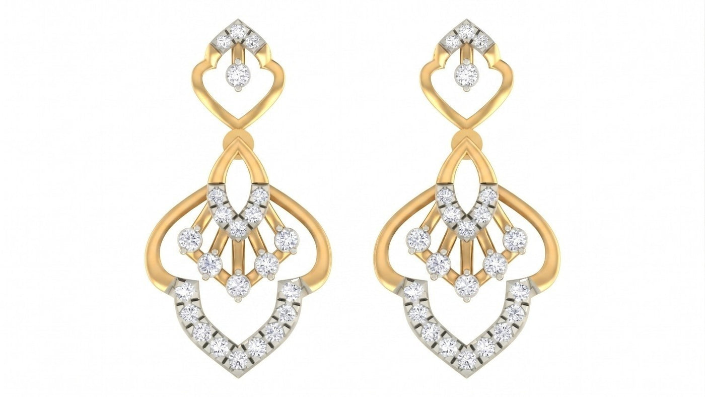 A pair of yellow gold and white gold drop earrings with diamonds, displayed on a solid white background.