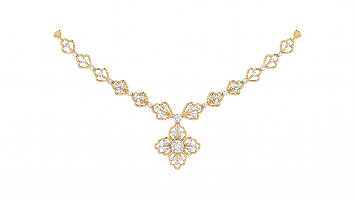 A yellow gold necklace with a floral design, displayed on a solid white background.