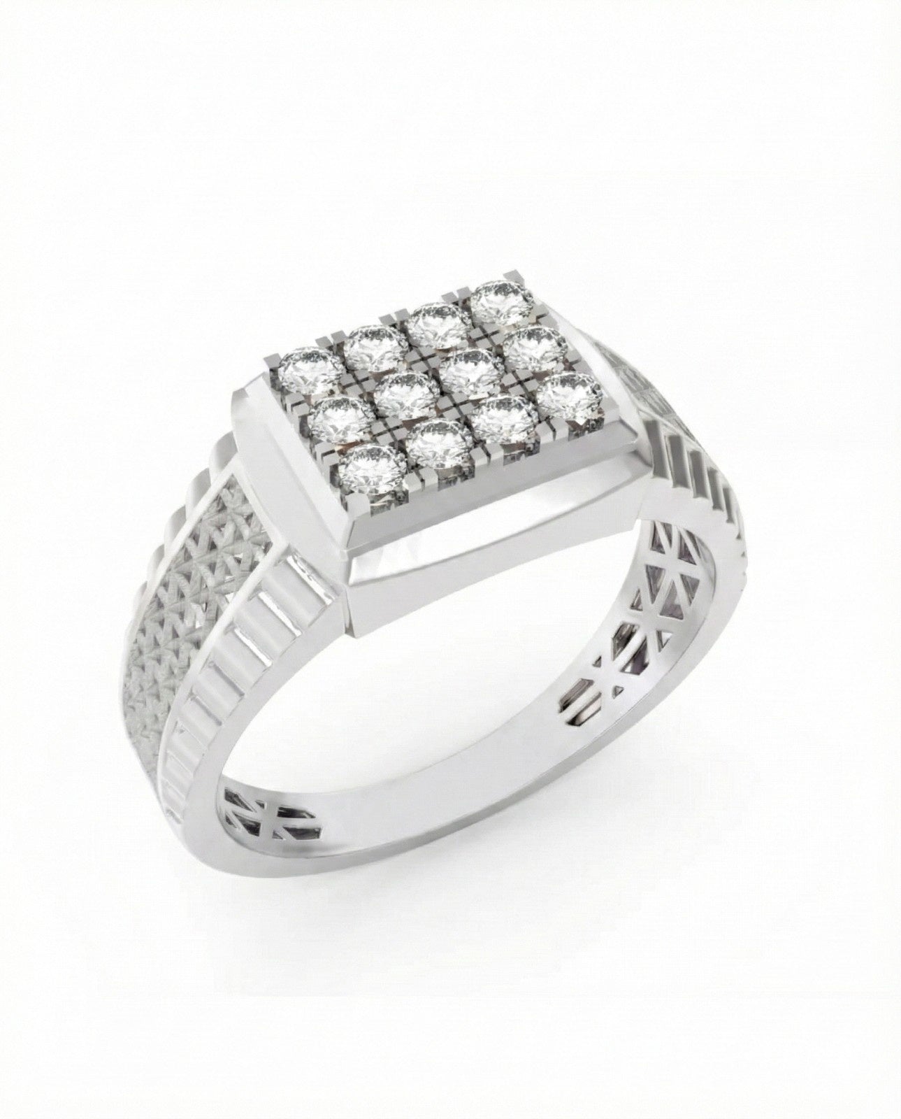 Gold ring with diamond accents on a white background