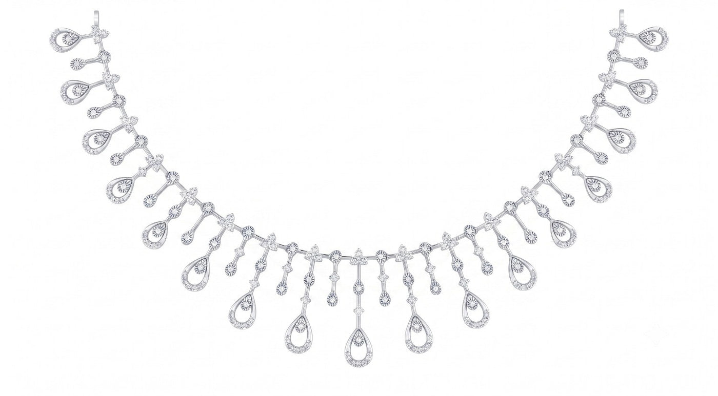 A white gold and diamond necklace featuring a series of teardrop-shaped dangling drops, displayed against a solid white background.