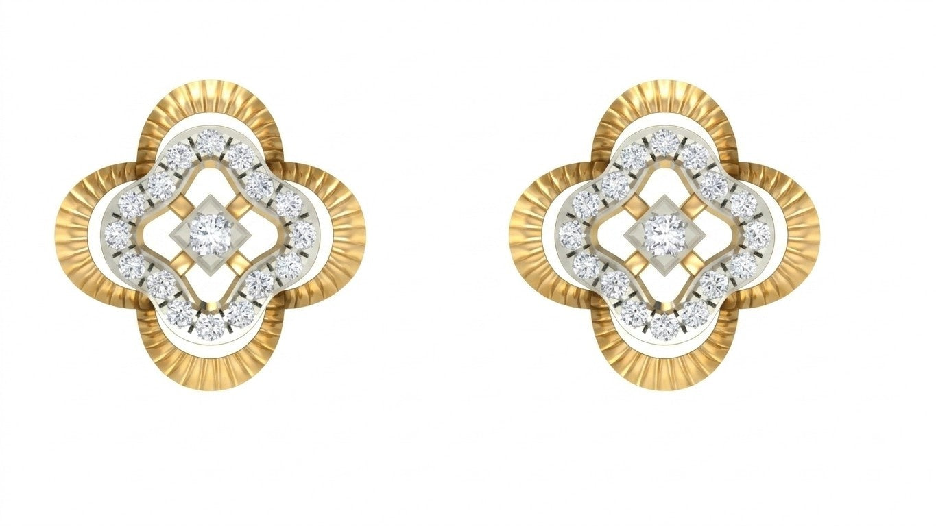 Pair of yellow gold and diamond floral-shaped stud earrings on a white background