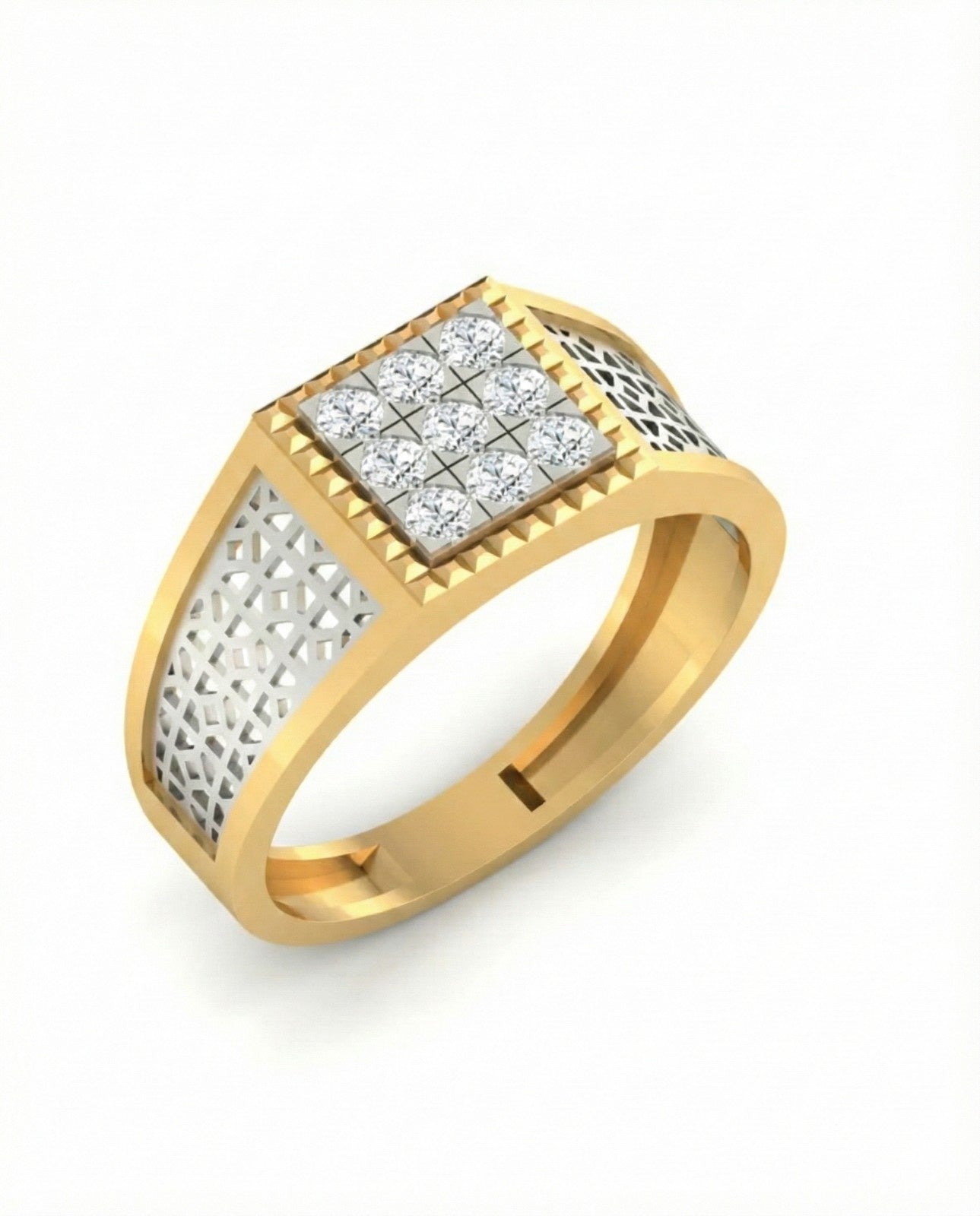 Yellow gold ring with diamond accents on a white background