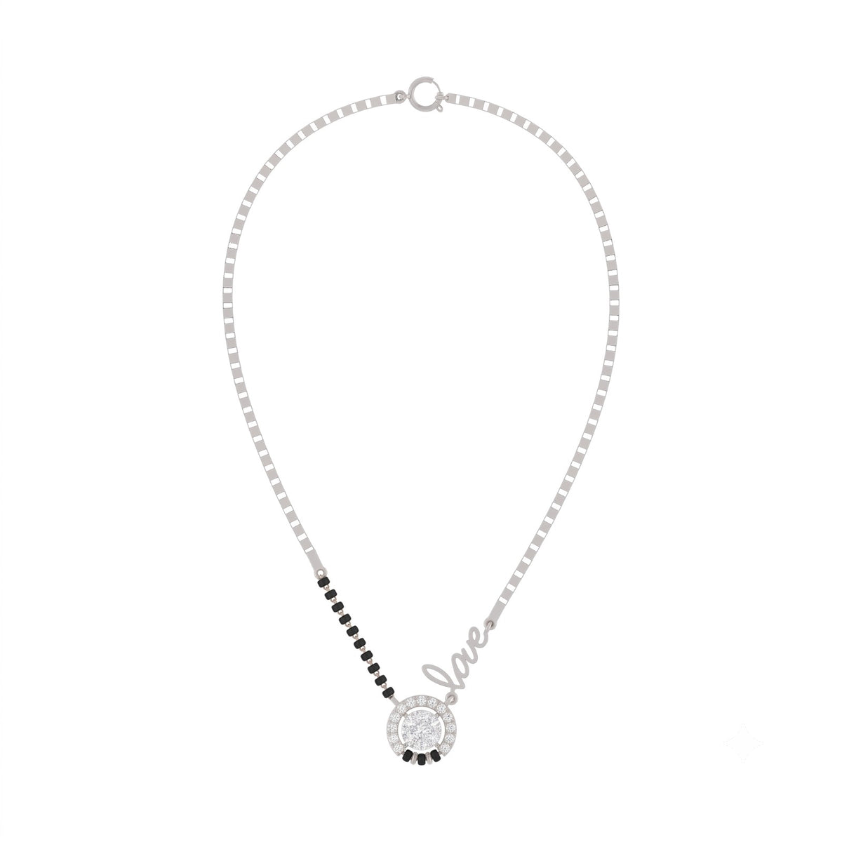 White gold chain and 'love' on a white background