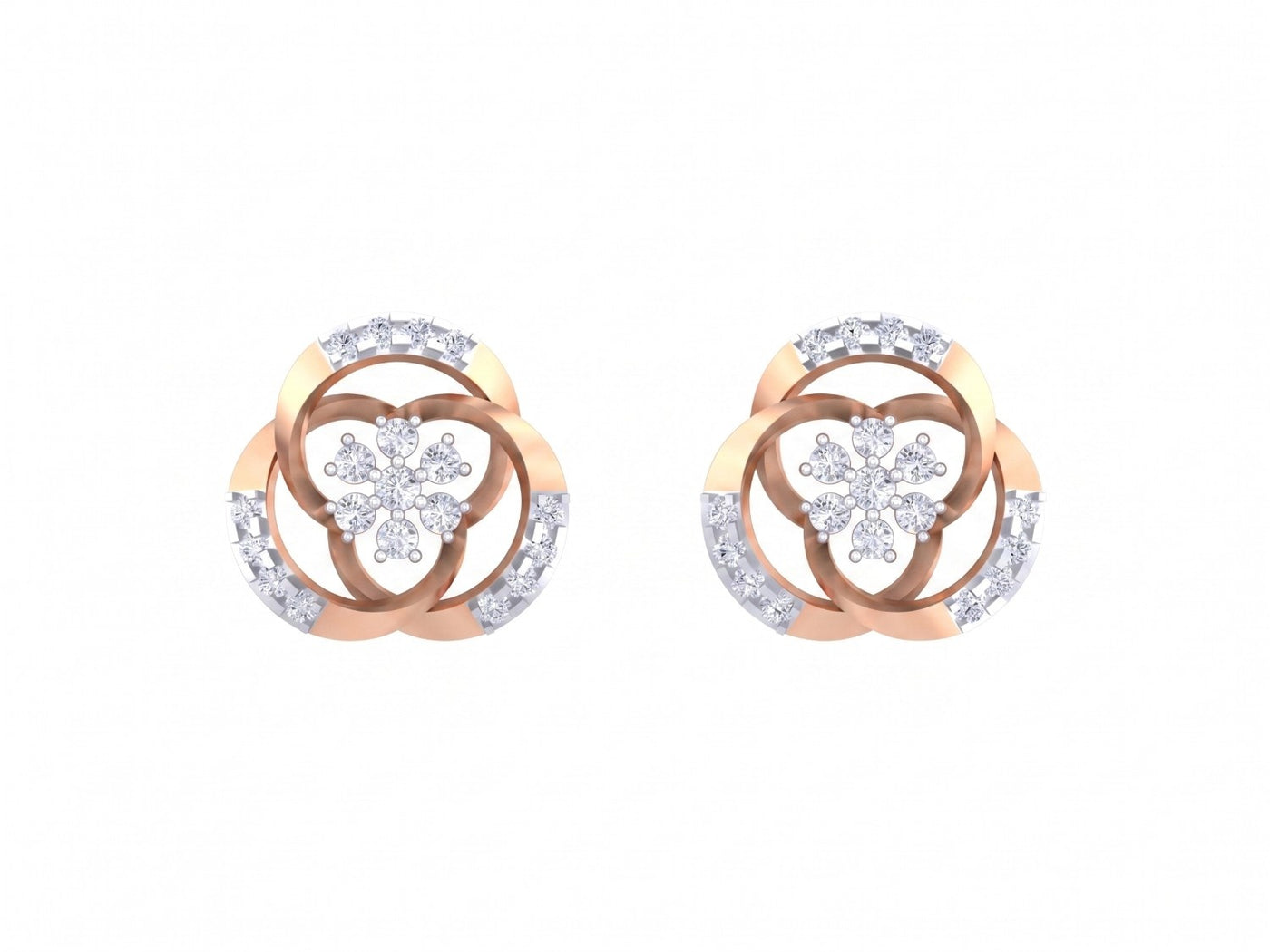 Rose gold and diamond stud earring with floral-design on a white background.