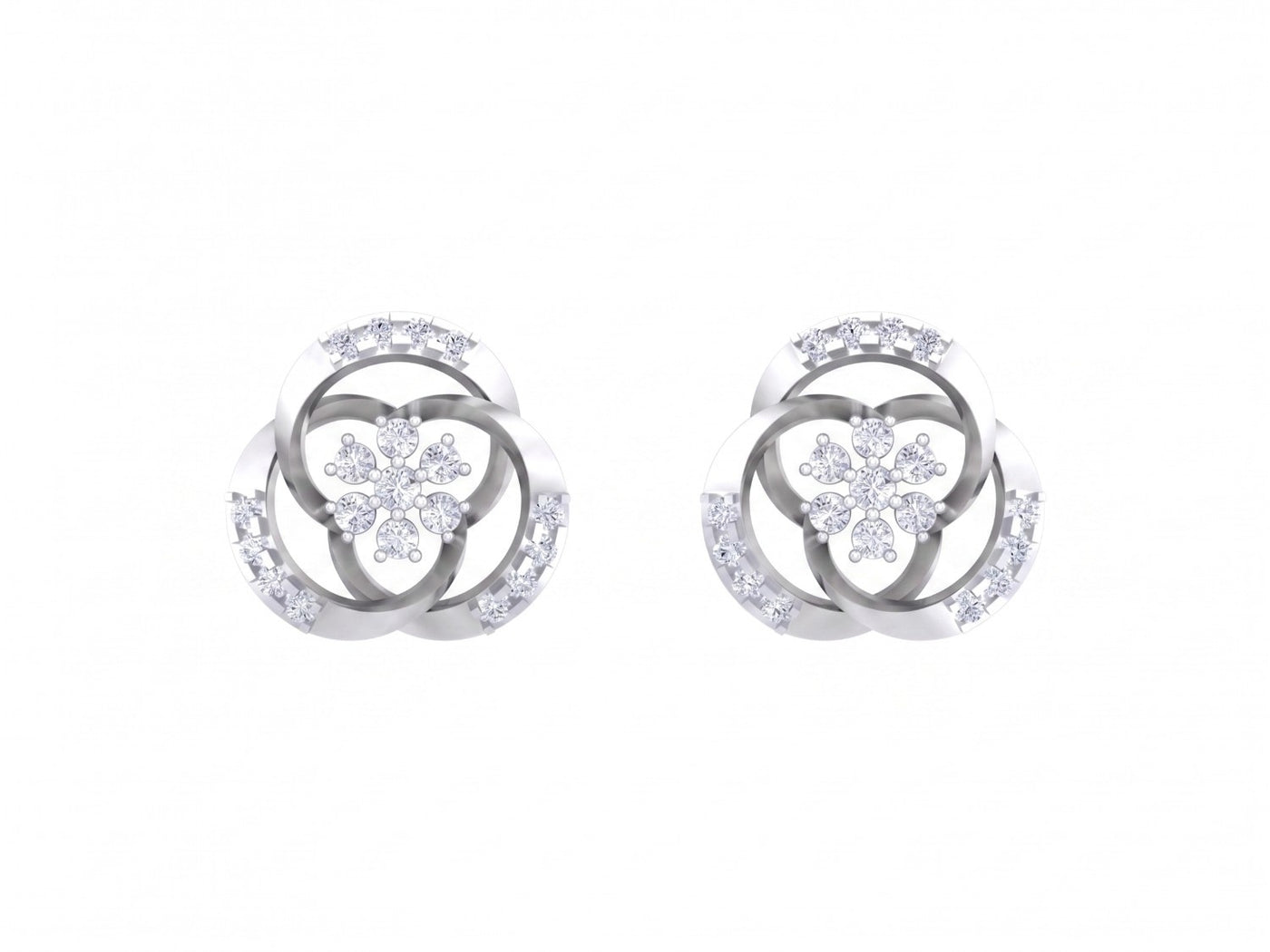 White gold and diamond stud earring with floral-design on a white background.