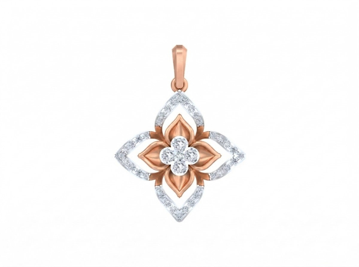 Rose gold and diamond floral pendant on white background