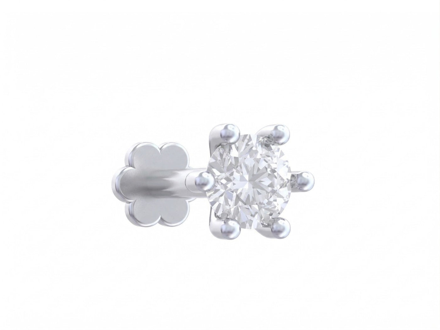 White gold stud nosepin with a clear gemstone on a white background
