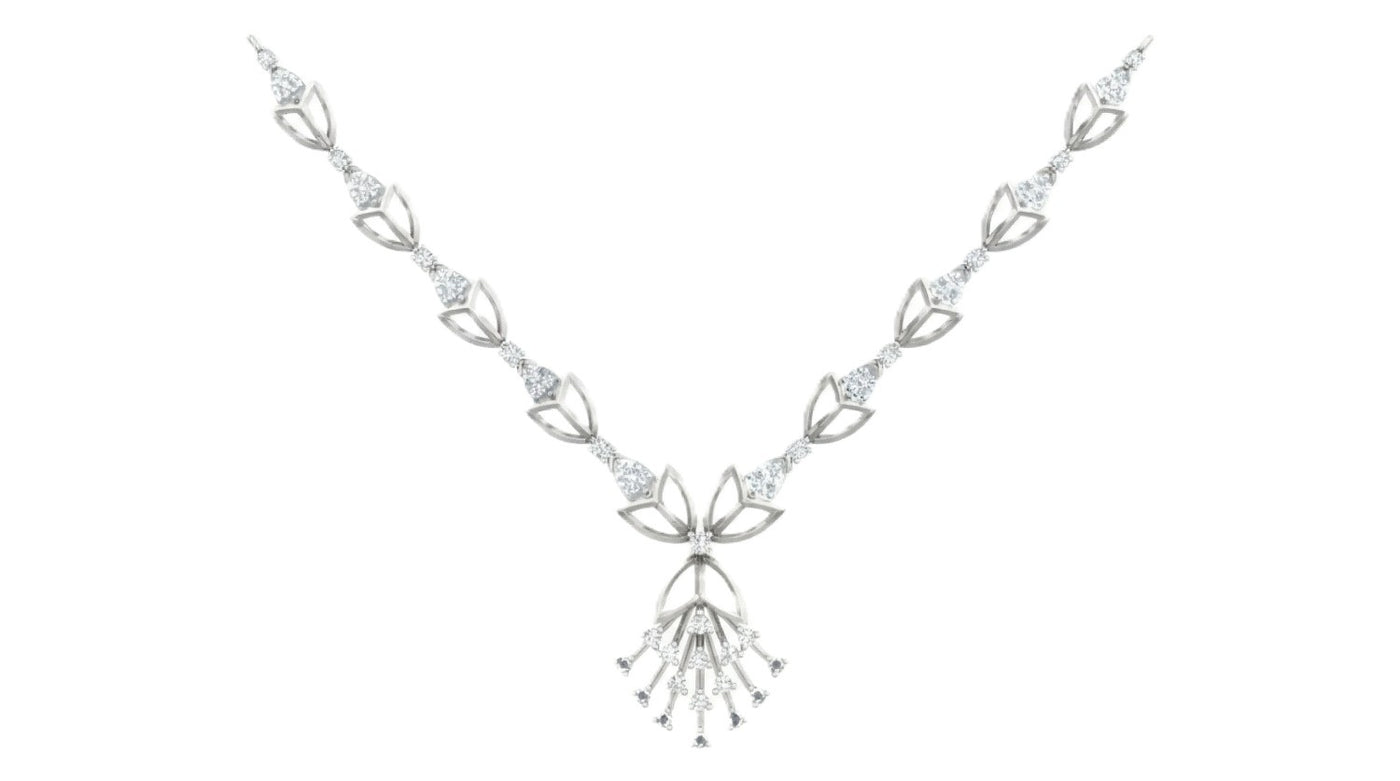 White gold necklace with leaf-like design on a white background