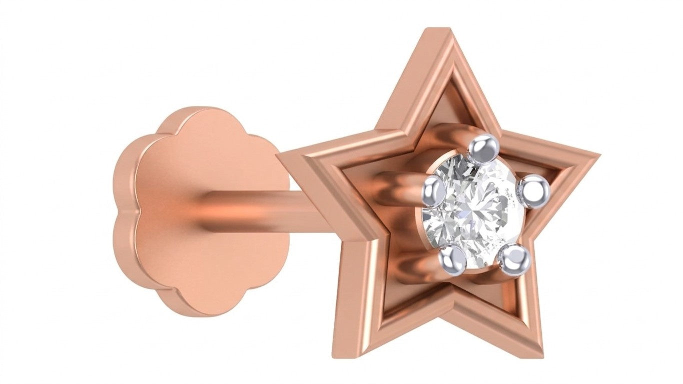 rose Gold and diamond stud nose pin on a white background