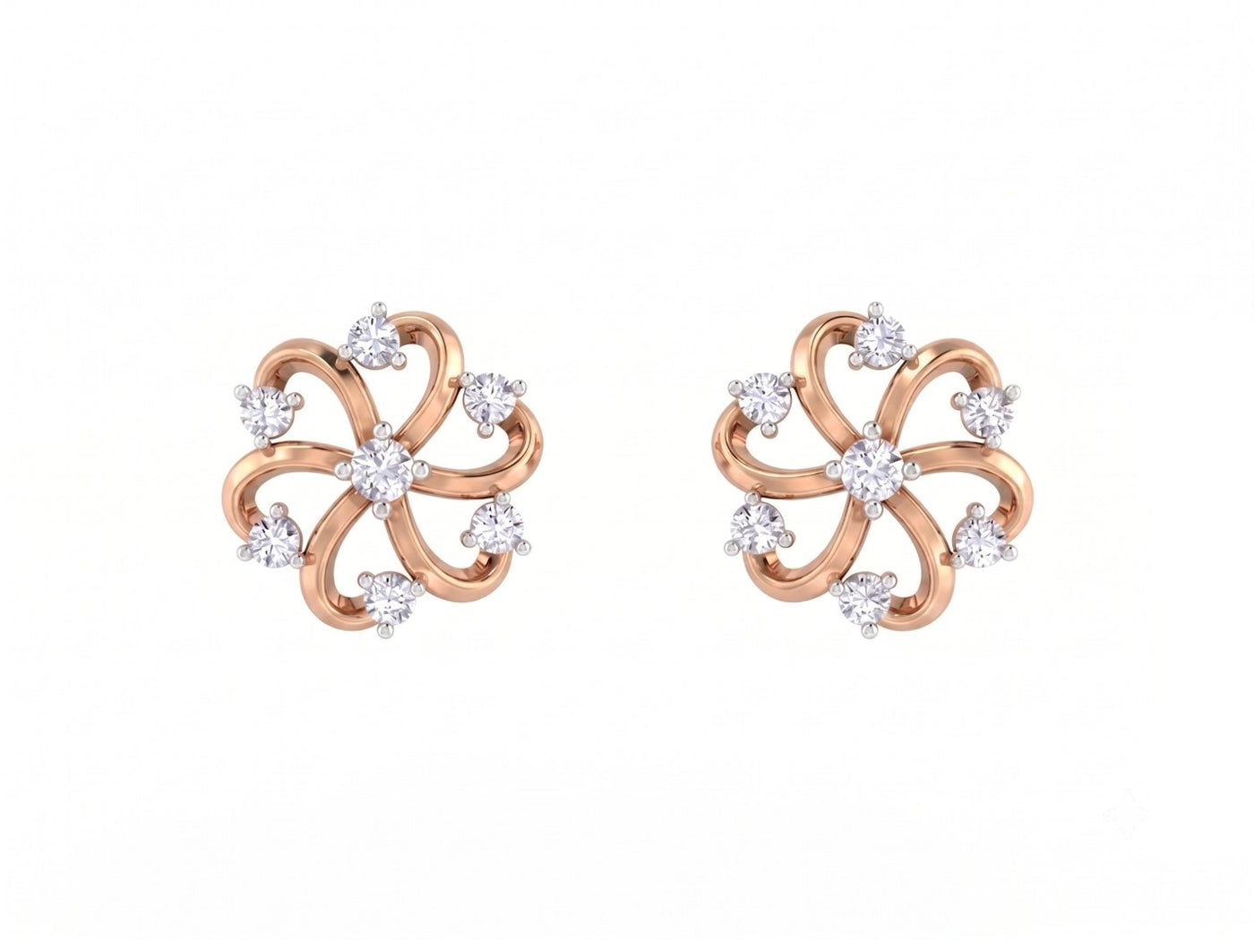 Rose gold stud earrings with floral-design on a white background