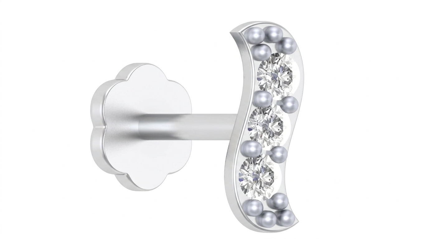 white Gold and diamond stud nose pin with clear gemstones on a white background