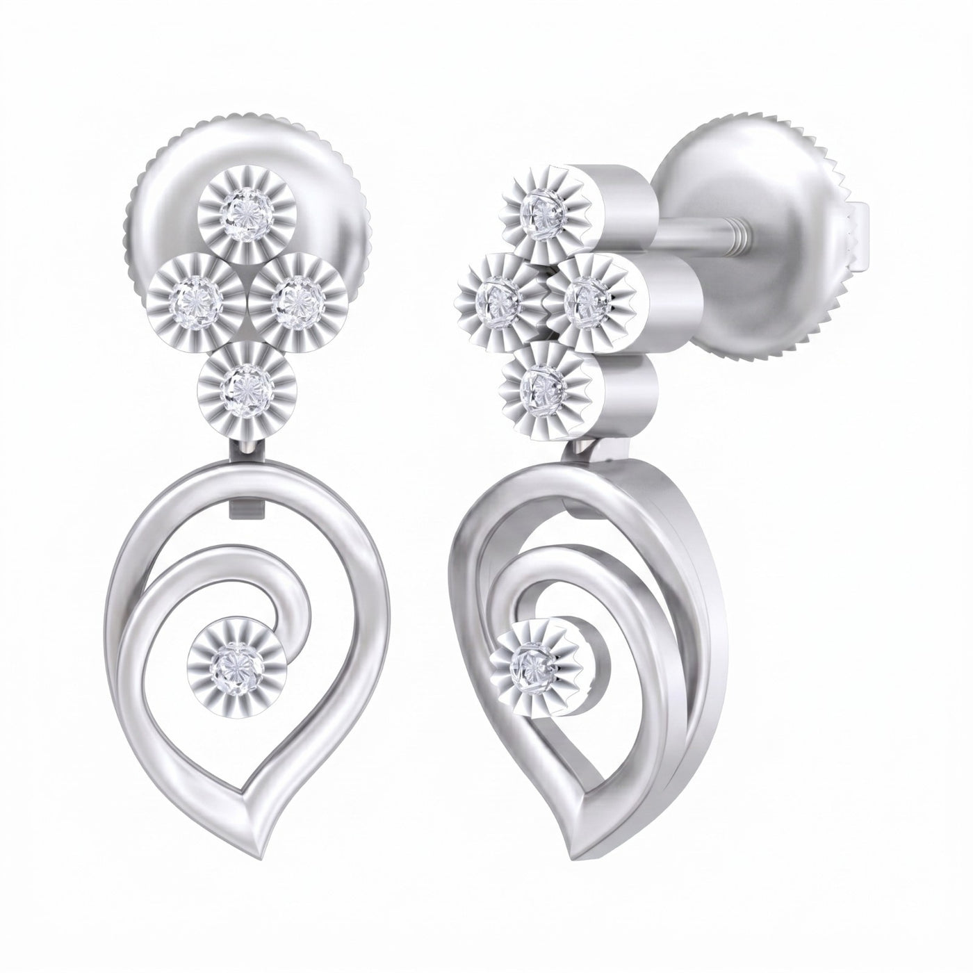 White gold and diamond drop earrings on a white background.
