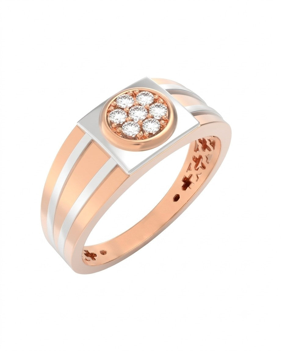 A rose gold and diamond ring featuring a round cluster, set against a plain white background.
